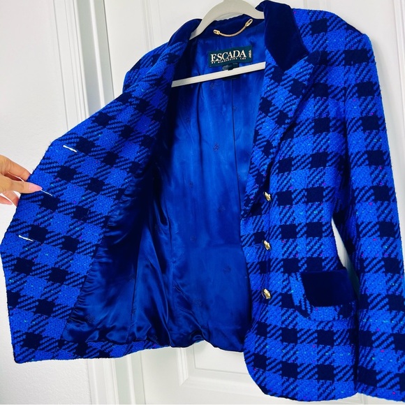VTG Escada by Margaretha Ley Blue Checked Flecked Wool Double Breasted Blazer 10 - Picture 9 of 14